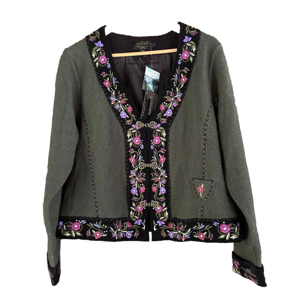 Icelandic Design Wool Blend Embroidered Floral Jacket sweater Women's XL Boho - Picture 1 of 8